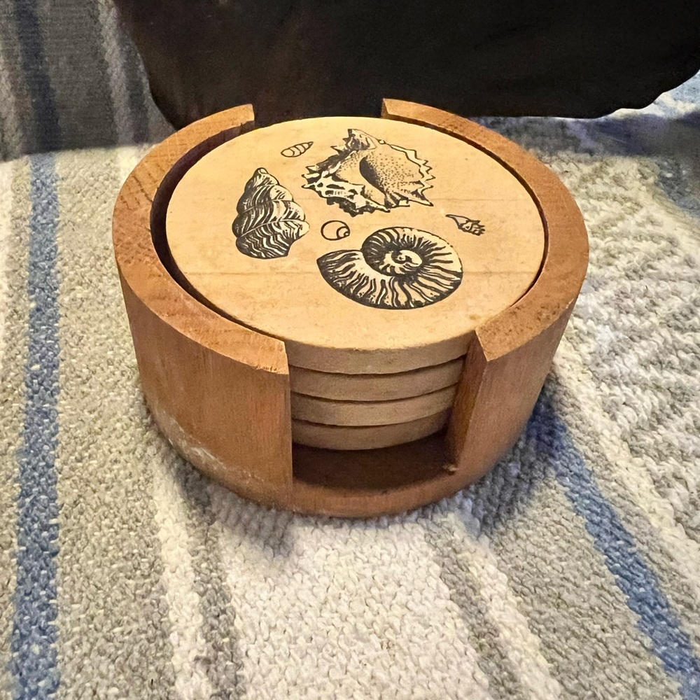 Vintage Wooden Coaster Set with Seashell Design